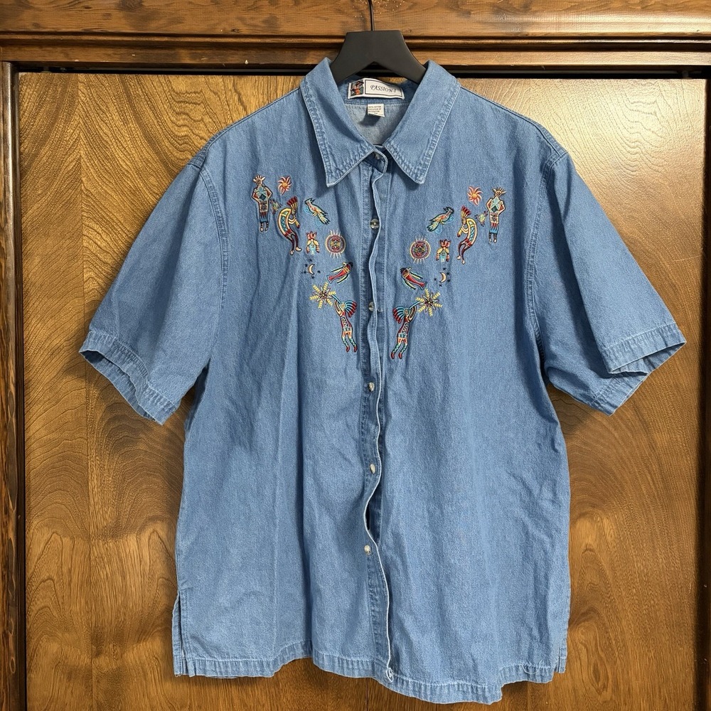 VTG 2X Cotton Embroidered Tribal Denim Short Sleeve Button Up 90s Boho Aztec